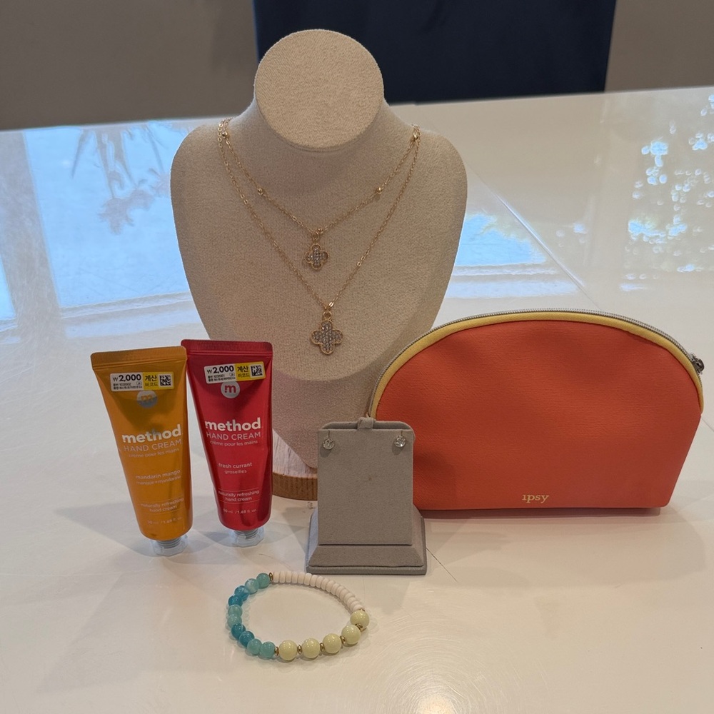 Gold Layered Necklace and Earrings Set with Orange Ipsy Pouch NWOT